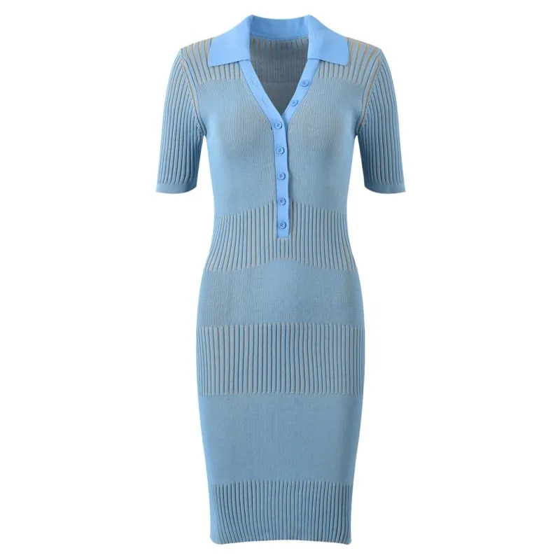 Blue V-neck short sleeve elastic dress Spring/fall/summer new fashion wrap hip ice silk knit dress