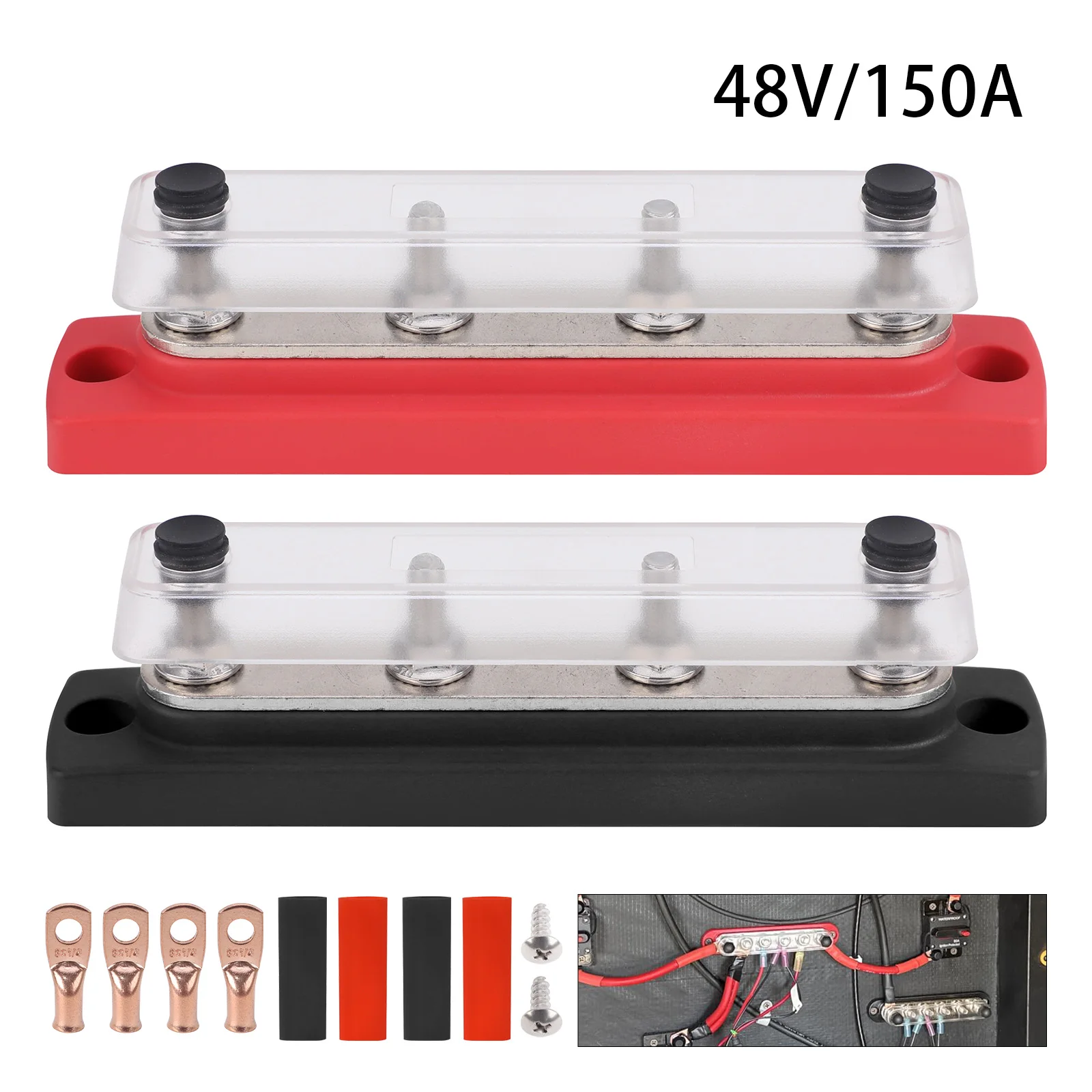 

M6 Terminal Studs Bus Bar Distributor 150A 4Way 6Way Red Black 48V Heat-Resistant Power Distribution Block Copper For EV Battery