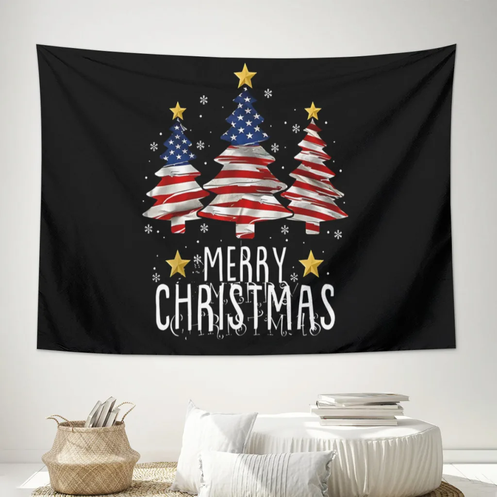 

Merry Christmas Tree American Flag Tapestry Cartoon Wall Hanging for Bedroom Tapestries Poster Blanket