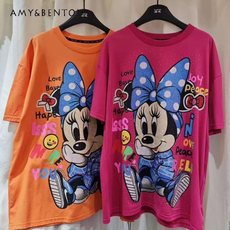 

Women's Fashion Cartoon Anime Pure Cotton Heavy Industry Rhinestone Short-sleeved T-shirt Y2k Loose Fit Casual O-neck Tshirts