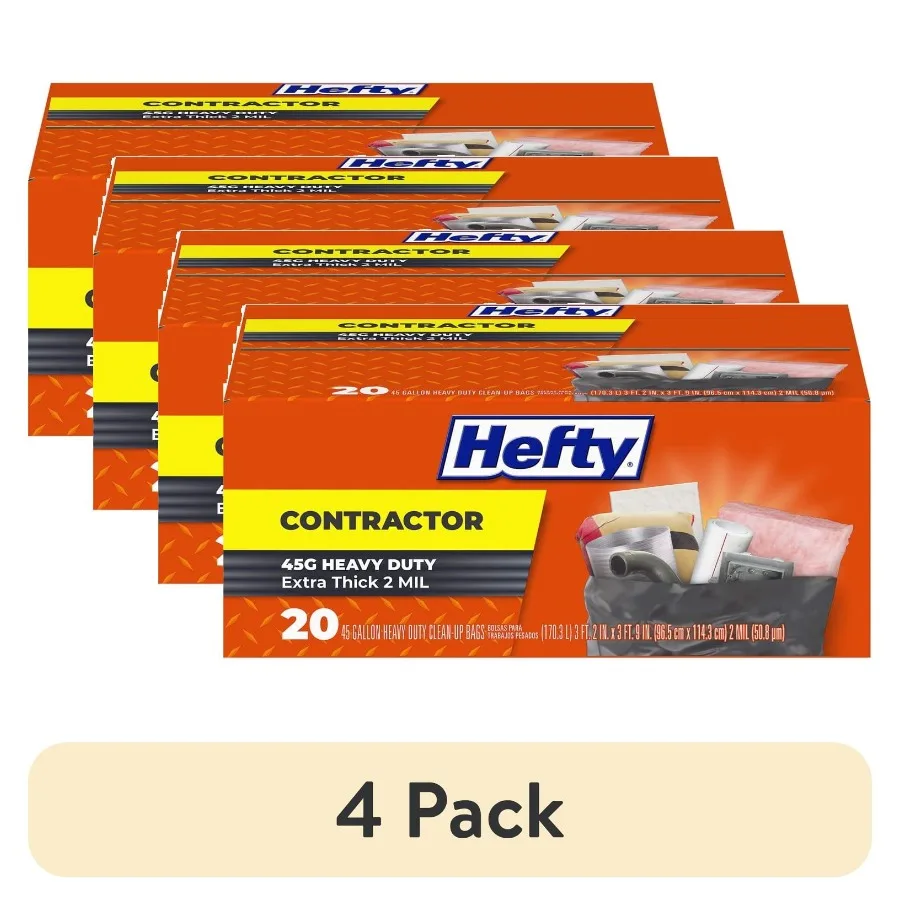

Heavy Duty Contractor Large Trash Bags 45 Gallon 4 Pack 20 Count Ideal for Construction Sites Renovation Projects and Heavy Was