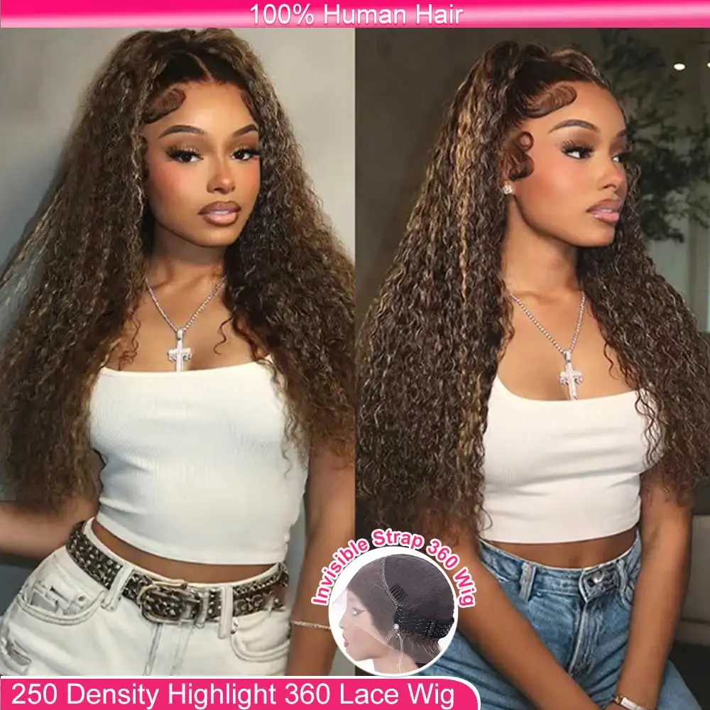 

Invisi Strap 360 Full HD Lace Wig 250Density 36Inch Highlight Lace Front Wig Deep Wave Frontal Wig Curly Glueless Human Hair Wig