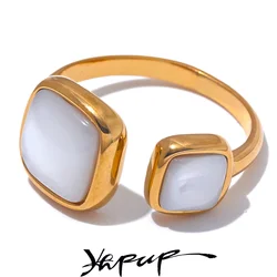Yhpup Stylish Natural Shell Square Gold Color Ring for Women Exquisite Stainless Steel 18K PVD Plated Charm Finger Jewelry New
