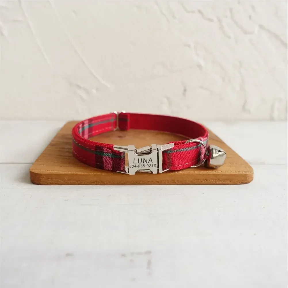 

Personalized Cat Collar, Customized ID Name Contacts Metal Buckle, Adjustable Red Plaid Cat Collars with Bell