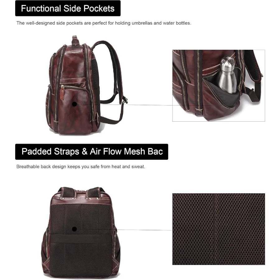 حقيبة ظهر كلاسيكية من الجلد المحبب بالكامل للرجال مقاس 17.3 بوصة حقيبة كمبيوتر محمول كاجوال حقيبة كتف طوال الليل للأعمال/المشي لمسافات طويلة/السفر