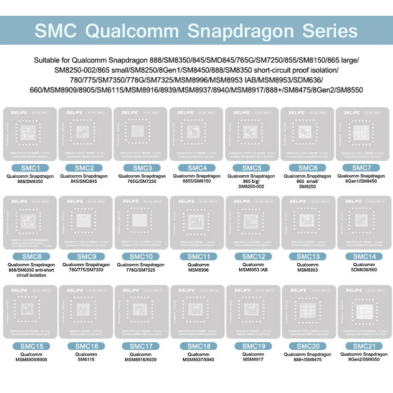 Imagem -05 - Relife Bga Reballing Stencil Grupo Qualcomm Dimensão Snapdragon Hisilicon Kirin Chip Exynos Lata Plantando Net 58 Pcs