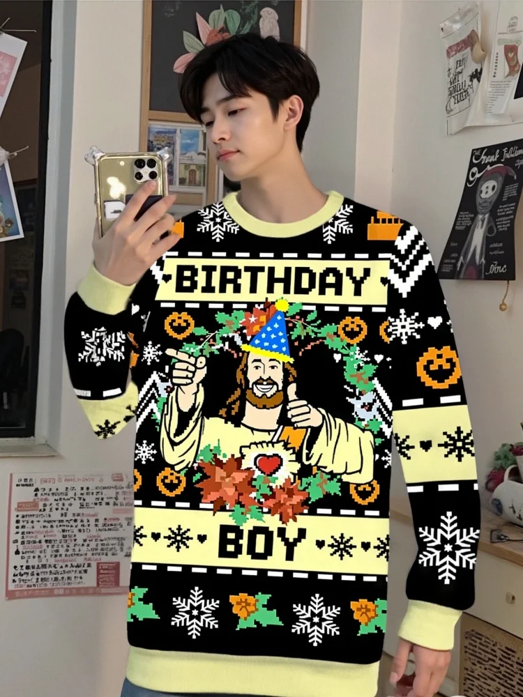 

Мужской рождественский уродливый свитшот с длинными рукавами и круглым вырезом для мальчиков на день рождения, повседневные праздничные шикарные пуловеры с длинными рукавами и круглым вырезом, мужская одежда, туники