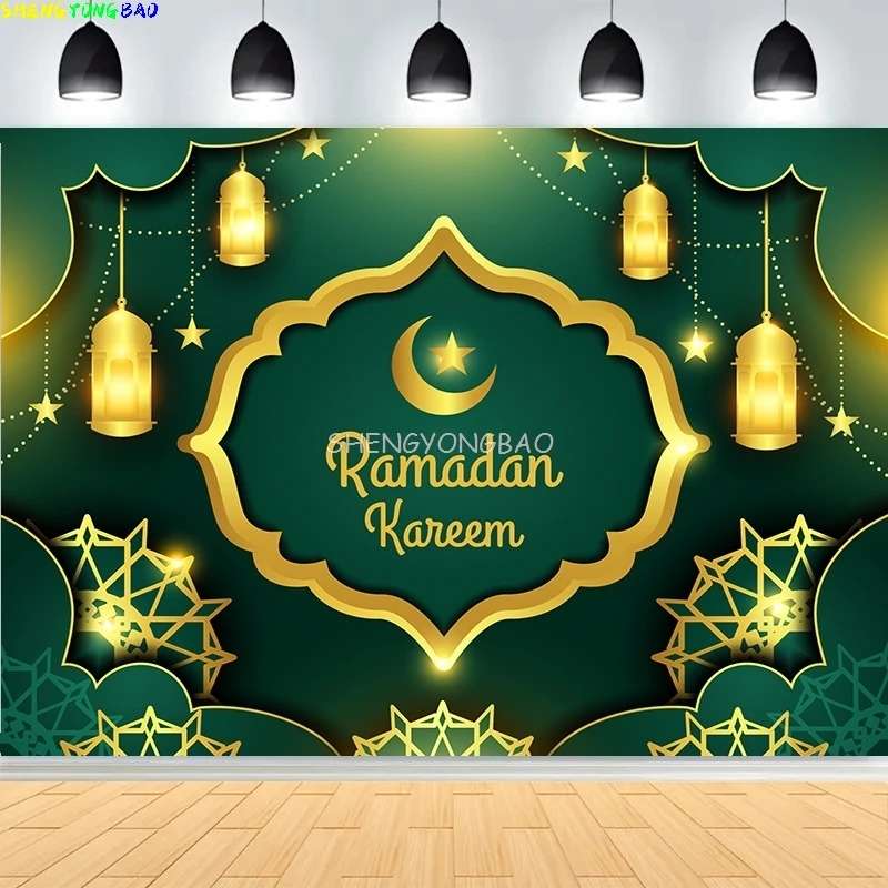 

Ramadan Celebration Shiny Golden Crescent Moon Lanterns Background Arabic Islamic Mosque Palace Photography Backdrops MO-06