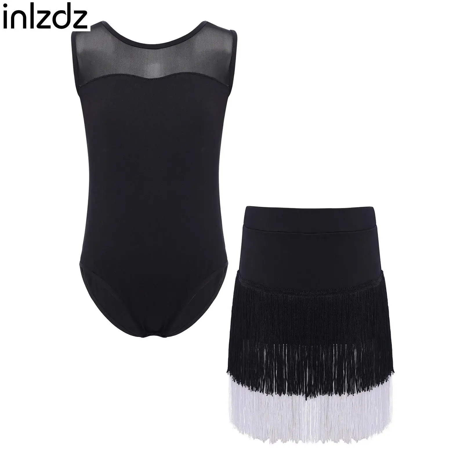 

Children Girls Latin Dance Outfit Sleeveless Leotard+Tassel Skirt Suit for Tango Cha-cha Samba Dance Performance Training Wear