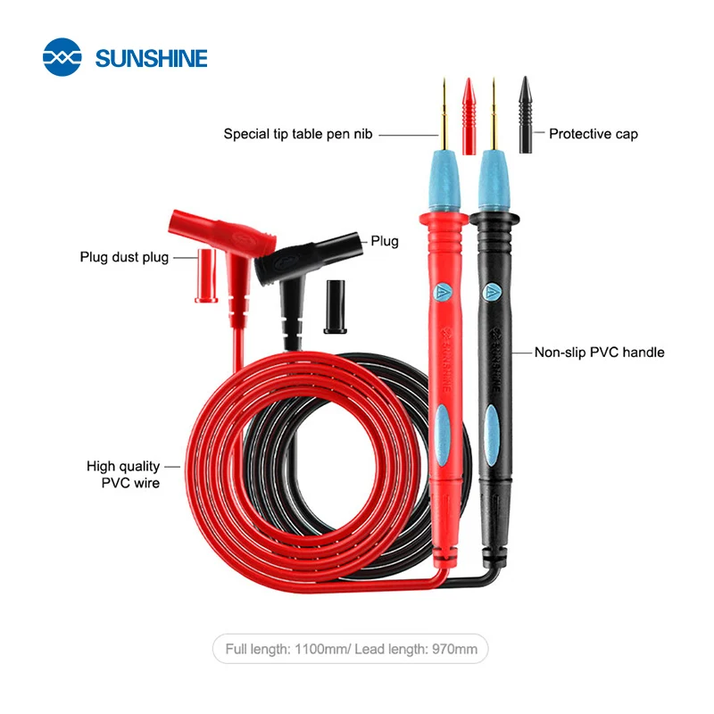 SUNSHINE SS-024A Multimeter Pen 1000V 20A For Digital Multimeter Test Rod Soft Anti-scalding Silicone Wire Extra Tip Test Pen