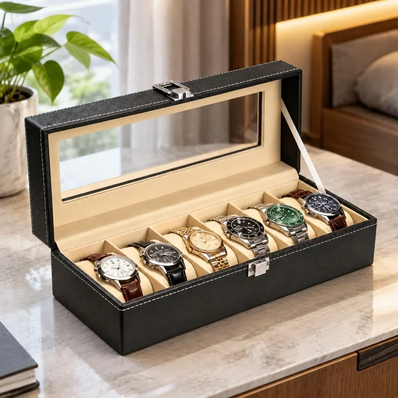 Men's PU Leather Watch Display Box with Glass Lid, Multi-Slot Organizer and Stand for Storage and Gift Giving