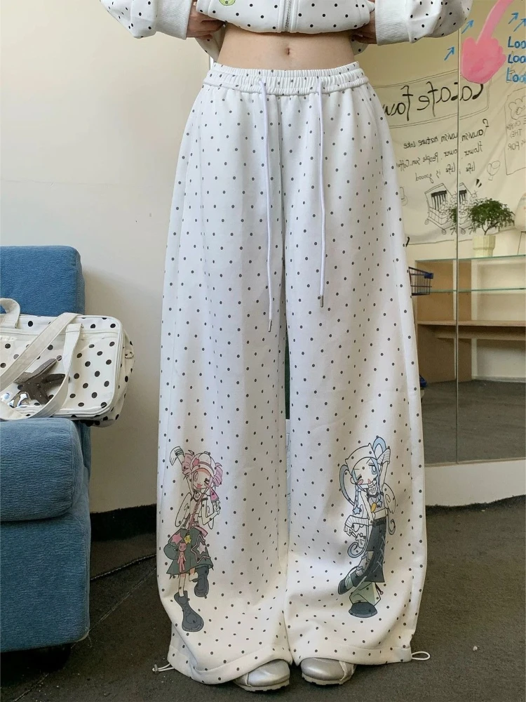 Y2K Sweet Harajuku Kawaii Polka Dot Anime Print Thin Wide Leg Sweatpants Women Student Lazy Loose Fit Drawstring Waist Casual