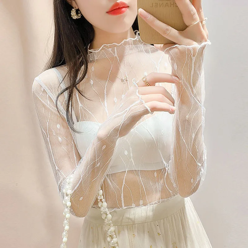 Spring Summer Women Mesh Top Long Sleeve See Through Lace T-shirts Sexy Transparent Fishnet Tops Clubwear Tee Shirts