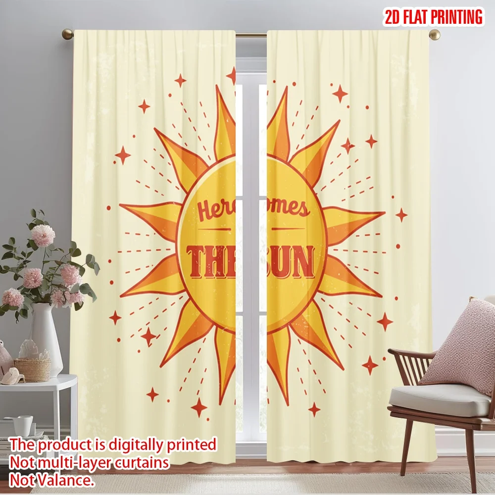 

2pcs 2D flat printing Curtain Here Comes The Sun_a 100% Polyester Without Electricity Birthday Party for Photo Booths & Events