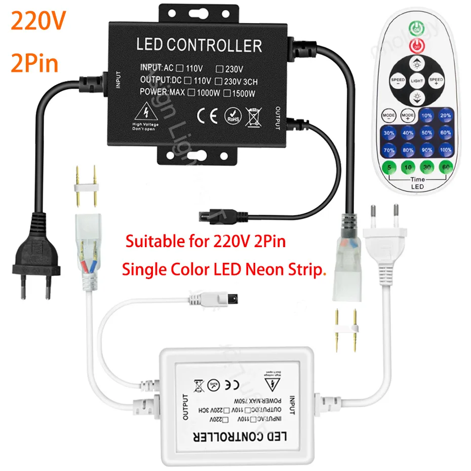 LED Neon Light Controller 220V Dimmer 1500W 750W With 23Keys Remote/Bluetooth APP/Wifi Control For Single Color Neon Strip