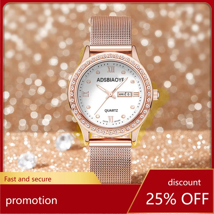 

Zml women's watch double calendar waterproof luminous three-hand quartz casual ladies wristwatch rose gold new arrival