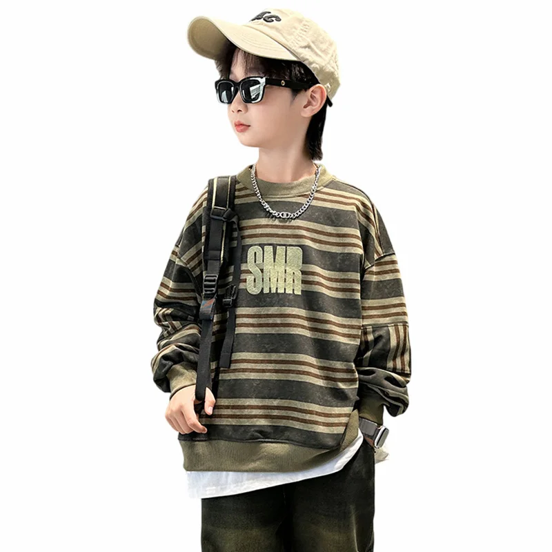 

Korean Style Kids Striped Sweatshirt for Boys Casual Army Green Color Spring Clothing Outerwear Teens Child Street Style Outfits