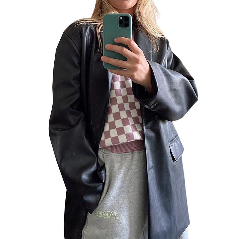 PMIYS-Chaqueta de piel sintética para mujer, abrigo informal de manga larga con cuello de solapa, talla grande, botonadura única, Y2k, PU, para Otoño e Invierno