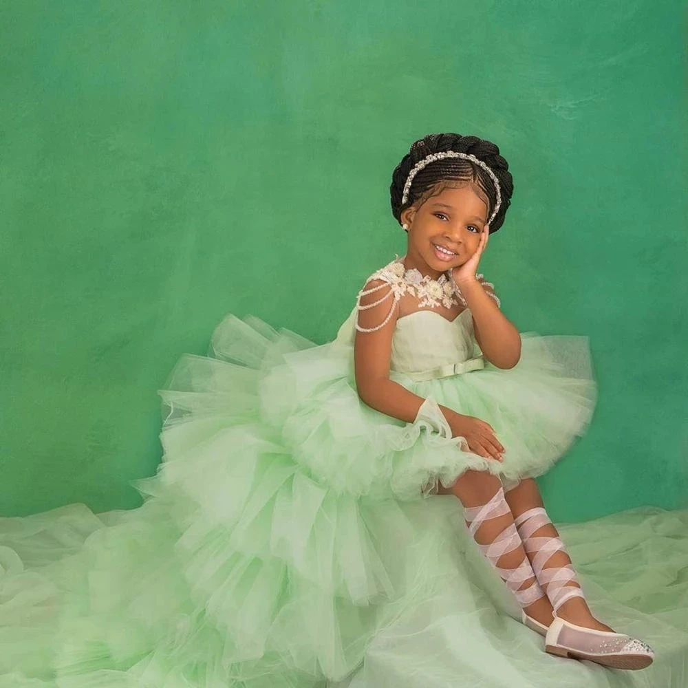 Vestido de niña de las flores para bodas, vestido de desfile para niños, vestido de tul de encaje con cuentas, volantes, fiesta de cumpleaños, vestido de princesa con tren