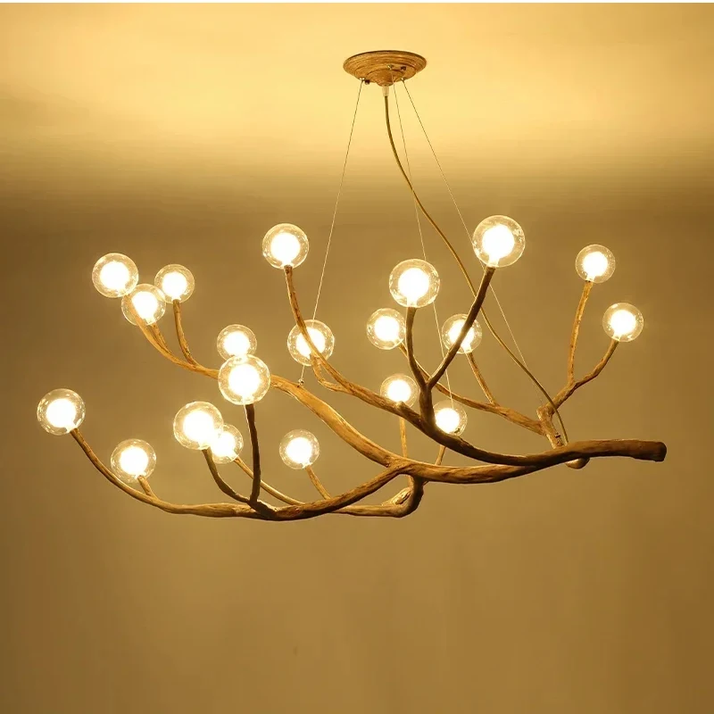 Simulation Resin Iron Tree Branch LED Pendant Chandelier Retro Glass Bubble Lighting for Living Room Decor