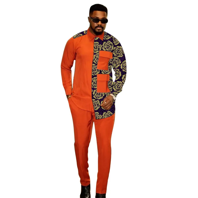 Nigerian Fashion Light Orange Shirts+Trousers Mens Party Suit African Print Male Casual Outfits 2 Pieces Wedding Costume