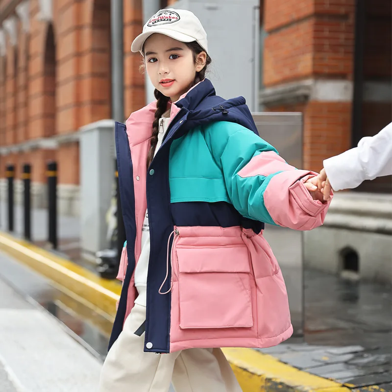 

Boys and Girls down Jacket Mid-Length Coat 2023 New Winter Children's Thick Contract Color Windproof Outerwear 5-14 Years Old