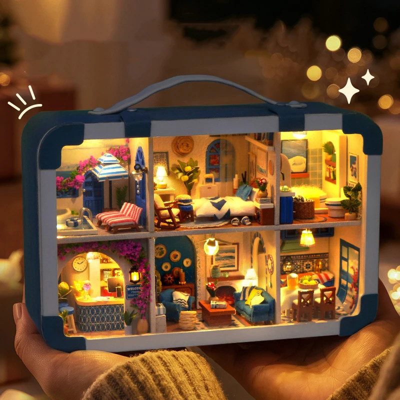 DIY Wooden Aegean Sea Travel Suitcase Cottage Figurines Miniatures Kits Mini Casa for Friends Birthday Gifts Home Decor Crafts