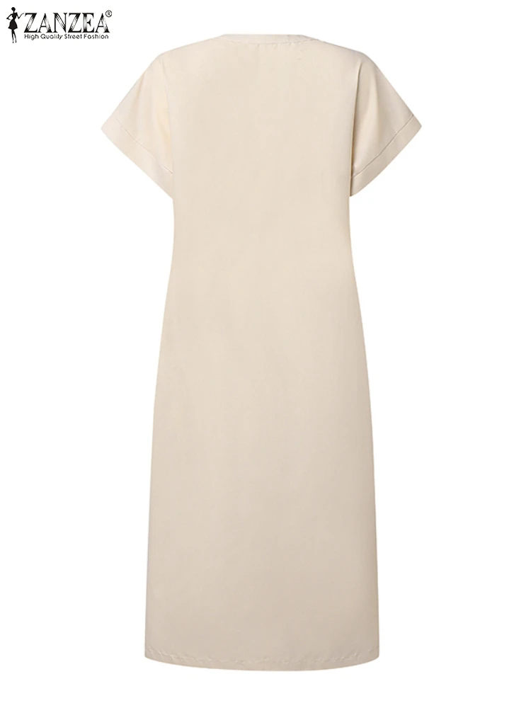 ZANZEA Damskie sukienki midi w kwiatowe wzory, eleganckie sukienki z dekoltem typu O, krótkim rękawem, zapinane na guziki, dopasowane, wiosenno-letnie ubrania damskie, rozmiar 3XL