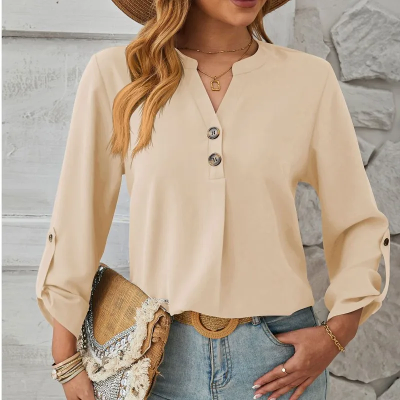 Solid Color Casual Ladies Shirt Top With Small V-neck And 2 Buttons Decorated With Rolled Up Sleeves And Long Sleeves New Blouse