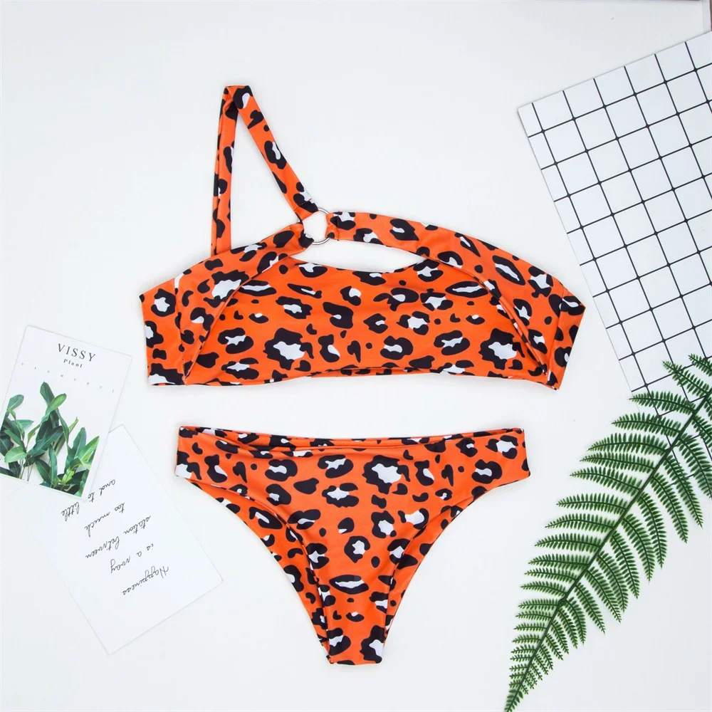 Leopard Swimsuit Rings Bandage Tie Back Hollow Out Bikini One-shoulder Swimwear Women Beach Outfit Bathing Suits Biquinis Tangas