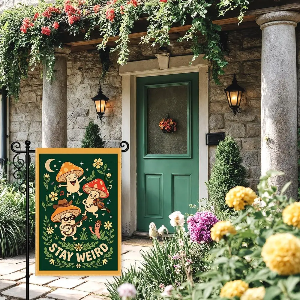 Funny Stay Weird Playing Music Mushrooms Summer Welcome Garden Flag | Retro Outdoor Banner, 12x18 in Double Sided Farmhouse  llp