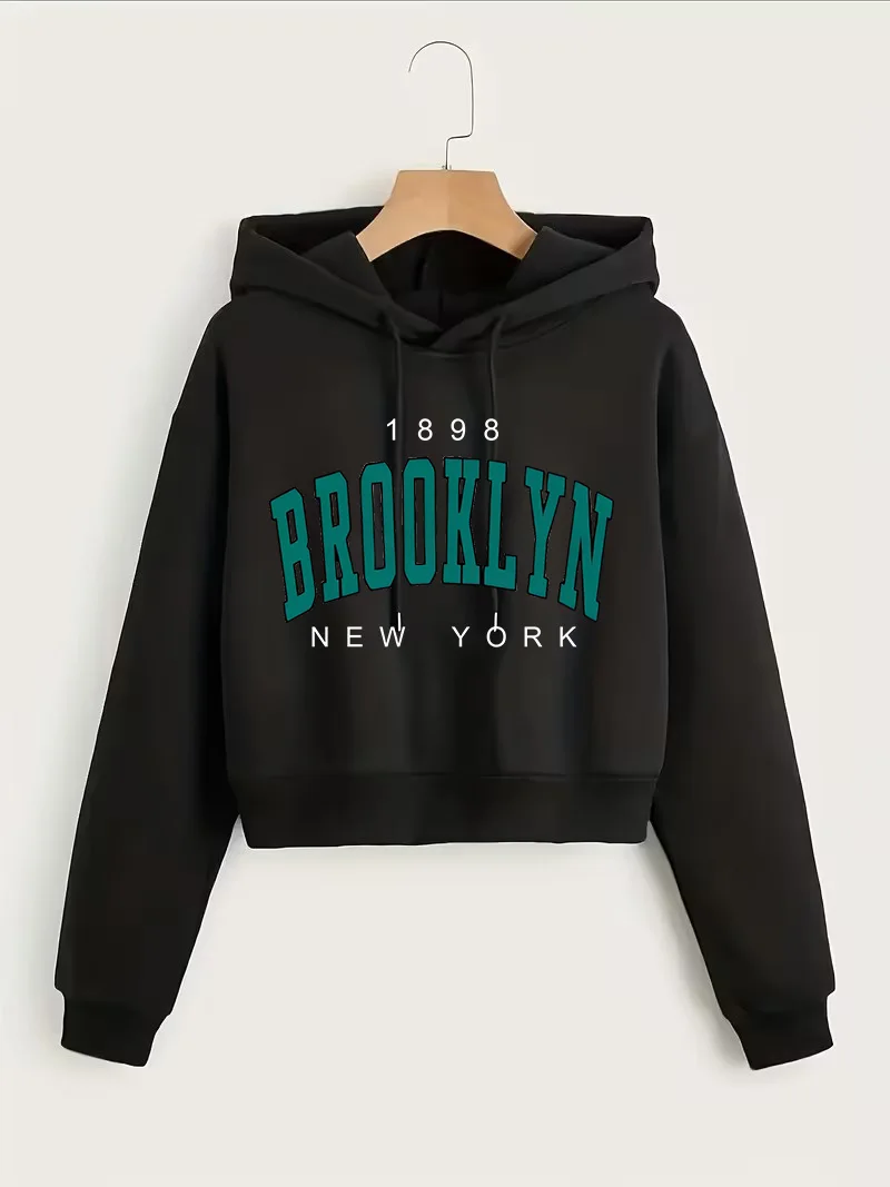 1898 BROOKLYN NEW YORK Sweatshirt Autumn Winter Cropped Sweatshirt Crop Top Hoodie Y2k Sweatshirts Gothic Casual Style Clothes