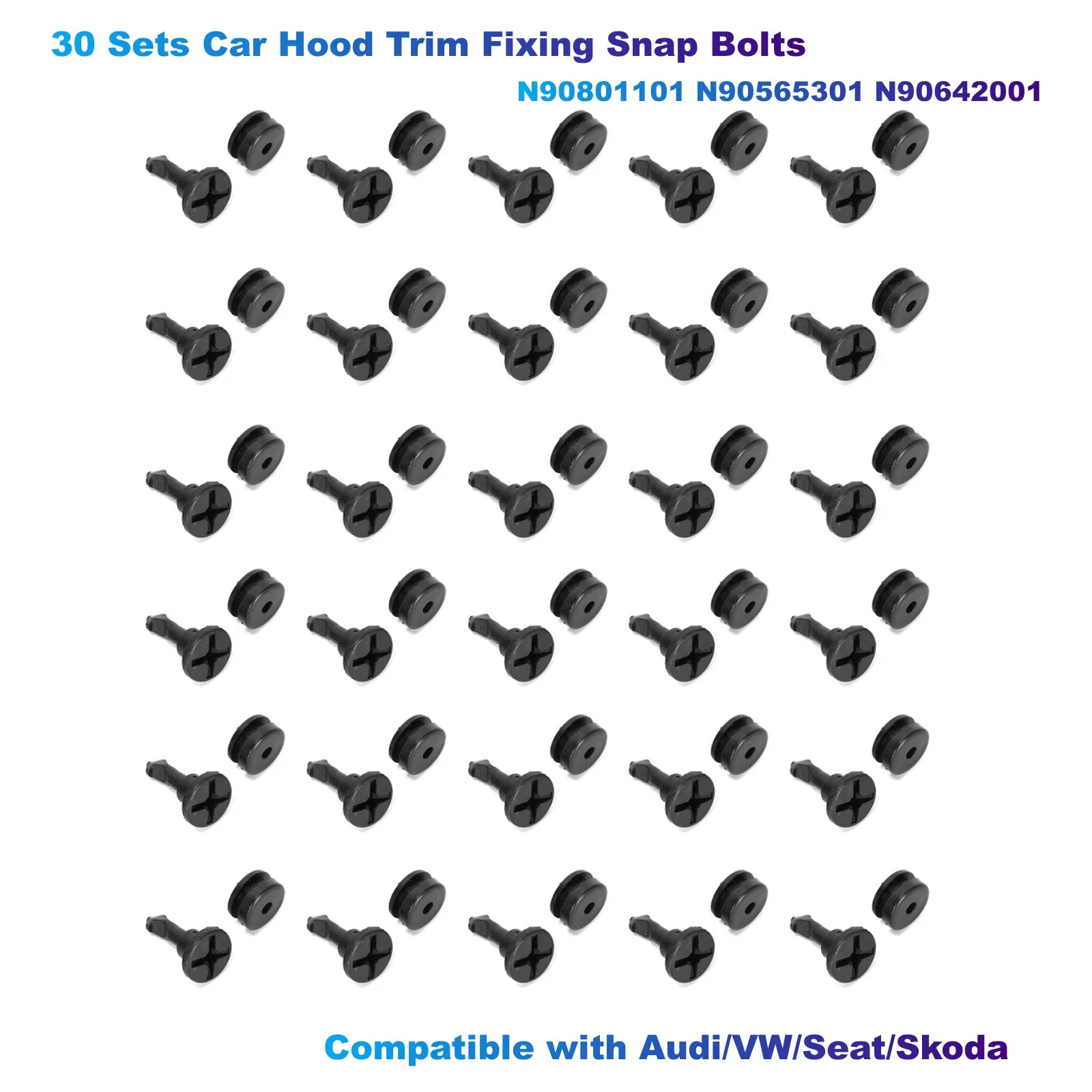 30 Sets Car Hood Trim Fixing Snap Bolts OE: N90801101 N90565301 N90642001 Compatible with Audi/VW/Seat/Skoda