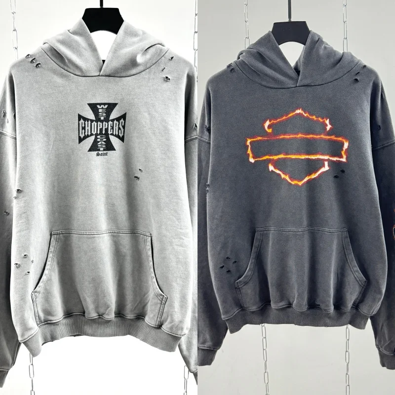 

High Quality Cross Printed West Coast Hoodie Washed Do Old Holes Hooded Sweatshirt Casual Loose Men Women Sports Top