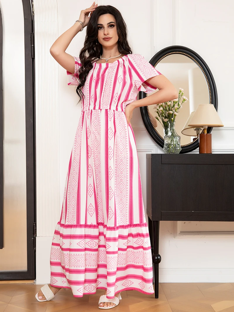 Style de vacances col rond géométrie abstraite manches Raglan robes longues robes roses