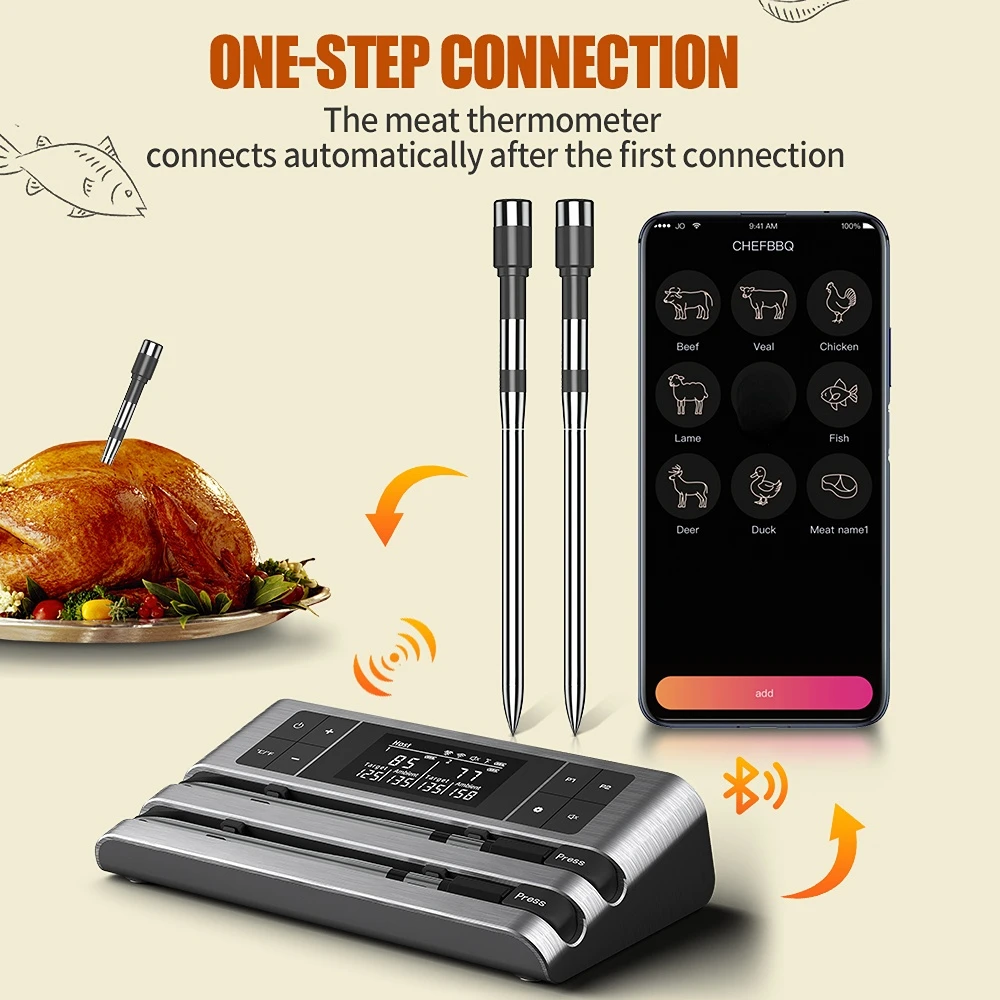 

Meat Thermometer Wireless Probe Bluetooth Digital Food Thermometer Support Mobile APP With LCD Screen for Oven Smoker BBQ Grill