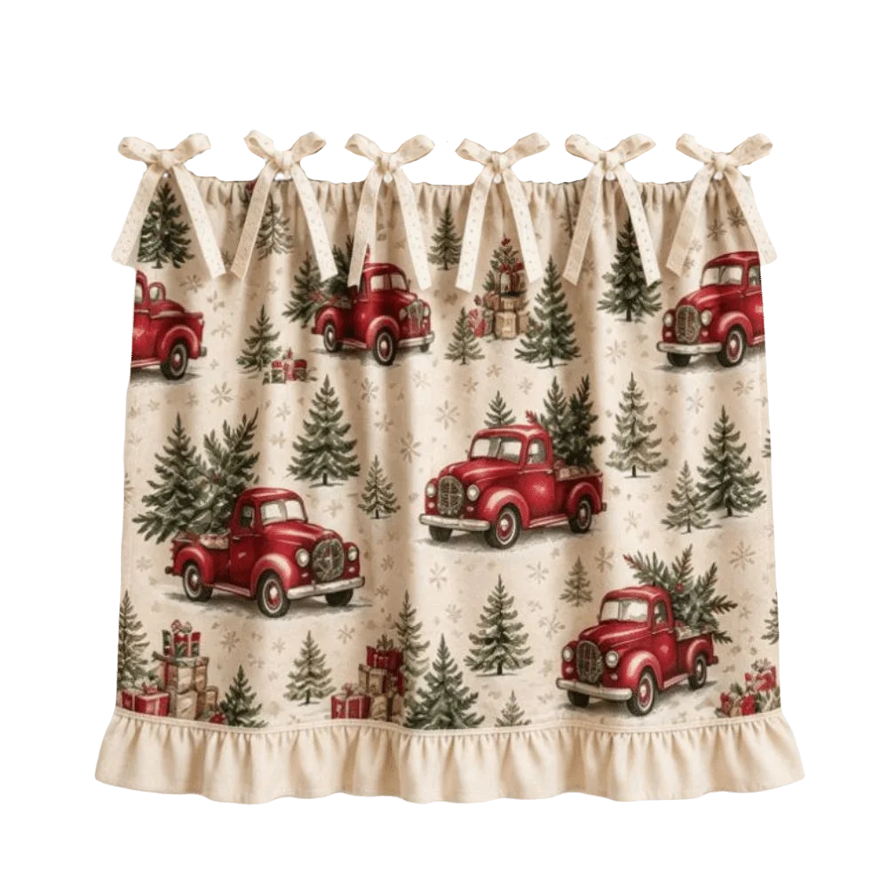 Ruffle Edge Christmas Oven Short Curtain Snowman Deer Decorative Kitchen Stove Short Curtain Flower Xmas Tree Cabinet Curtain