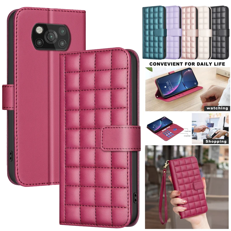 3D Checkered Pattern Wallet Bag Leather Case For Xiaomi Poco F3 X3 NFC M3 Pro C31 PocoX3 Pro Phone Cases Magnetic Flip Cover