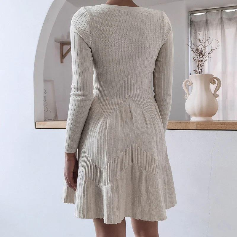 Vestido de punto de manga larga para mujer, Vestido corto informal, blanco roto, moda de otoño e invierno, novedad de 2022