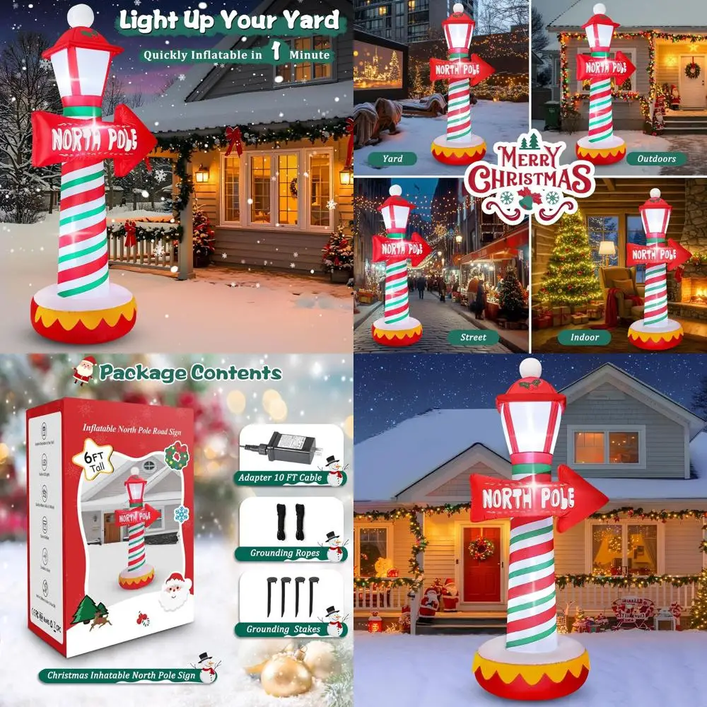 علامة القطب الشمالي سانتا كلوز بطول 6 أقدام مع أضواء LED، قابلة للنفخ في الهواء الطلق لعيد الميلاد لتزيين ساحة الحديقة