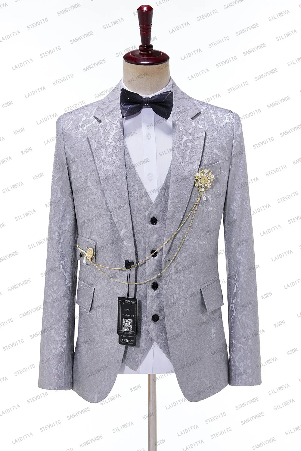 New Costume Homme Popular Grey Jacquard Men Suits Three Pieces Tailor-Made Blazers Pants Business Causal One Button Wedding