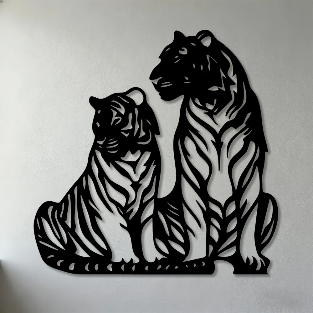 Tiger Mother and Cubs Metal Wall Art - Realistic Wild Animal Sculpture for Living Room Office, Power Symbol Home Decor