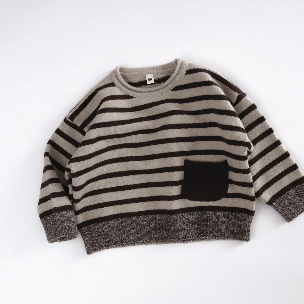 

2025 Autumn Kids Striped Knit Sweater Unisex Toddler Crewneck Pullover with Pocket 1-6Y Baby Fashion Top