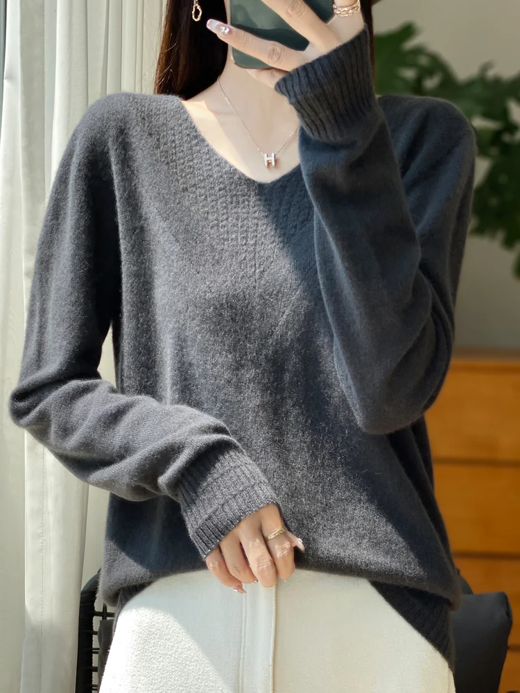 

Woman Sweater Autumn Winter Cable Stitch V-Neck Pullover Soft Warm 100% Merino Wool Knitwear Office Lady Female Clothing Tops