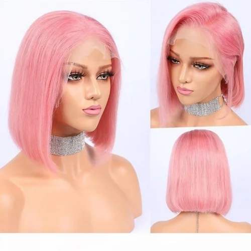 Imagen 2 del producto Pelucas de cabello humano Bob corto de color rosa, peluca Frontal de encaje Hd transparente liso 13x4 brasileño prearrancado para mujer