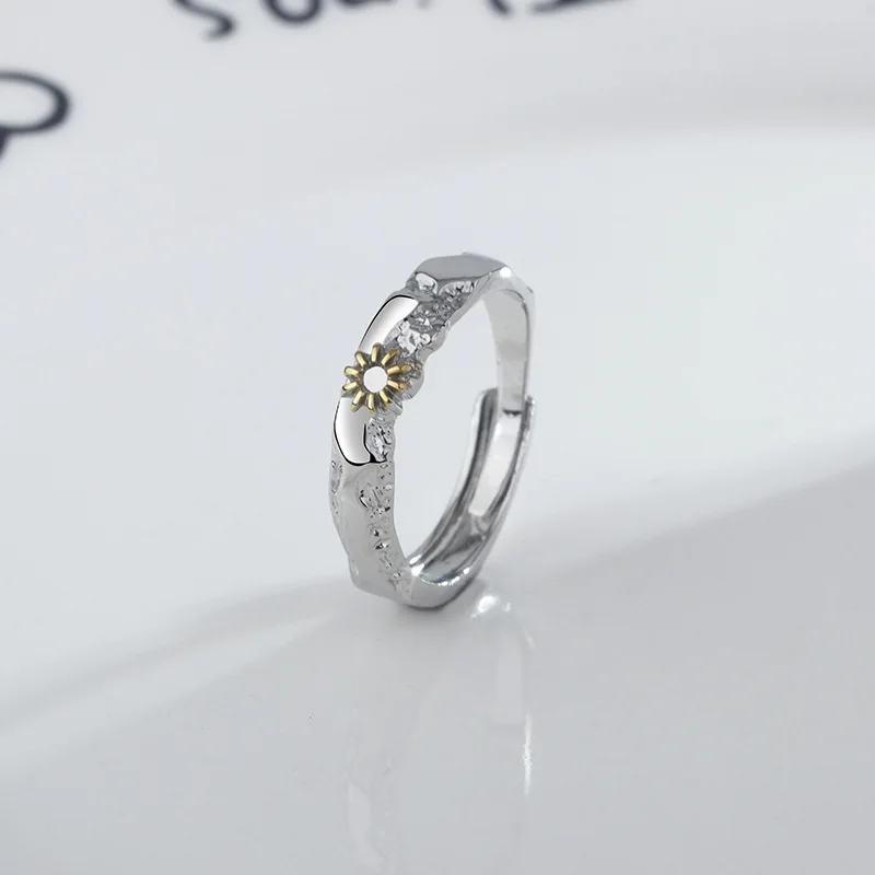 Bague de couple réglable en argent regardé S925 pour femme, bijoux européens, lune dorée, soleil, cadeau de mariage, fête d'anniversaire, nouveau