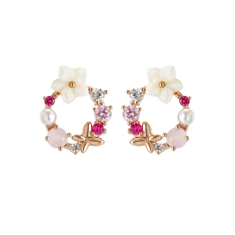 Sweet White Small Flower Stud Earrings for Women Pink Rhinestones Round Circle Earrings Hollow Geometry Retro Jewelry