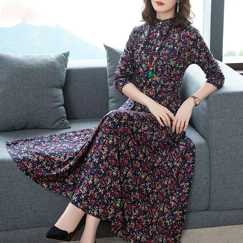 Elegant Vintage Women Floral Long Dress Spring Autumn Long Sleeve Slim Dresses Fashion Female Tunics New Casual Sundress 2023