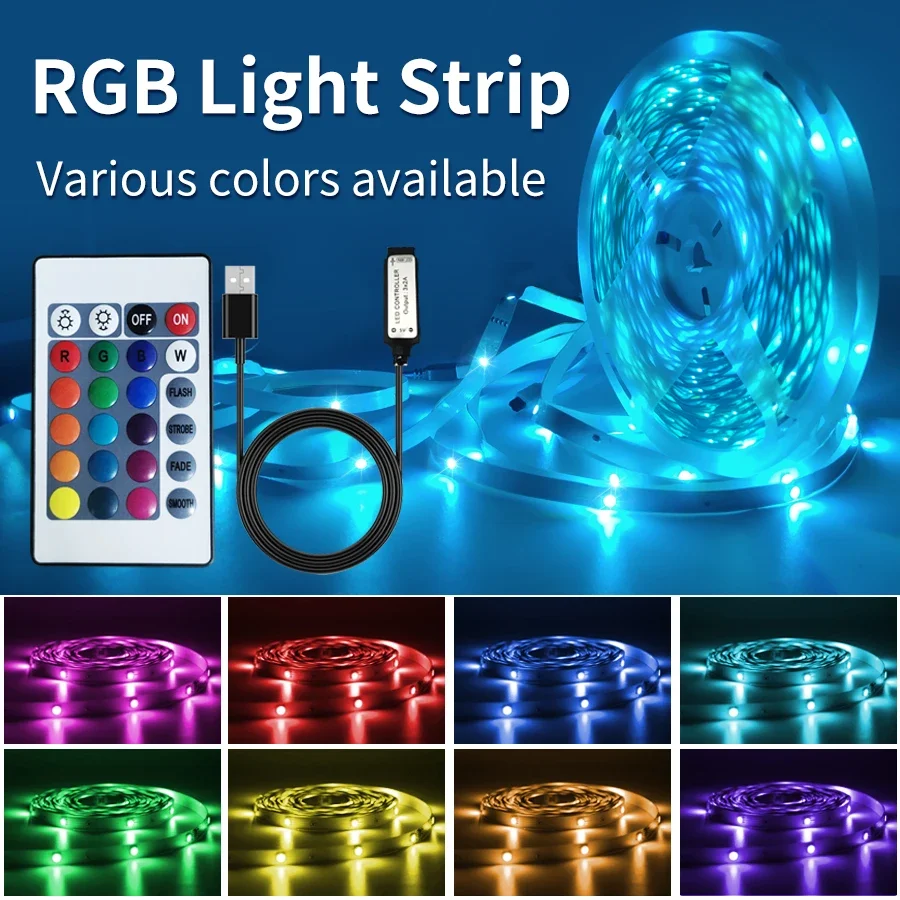 

RGB LED Strip Light with IR 24 Key Remote Control Flexible LED Tape Lamp USB 5V 5050SMD 30/60LED/M 5M Room TV Decor Backlight