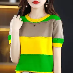 Elegant Fashion Harajuku Slim Fit Female Clothes Loose Casual All Match Tees Color Blocking O Neck Stripe Short Sleeve T-shirts